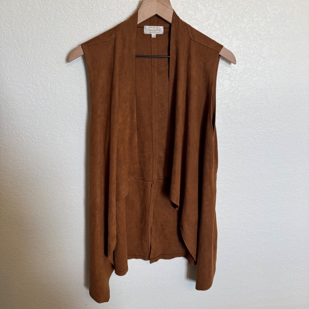 Boho Western Mud Pie Faux Suede Draped Open Front Vest S/M Brown
